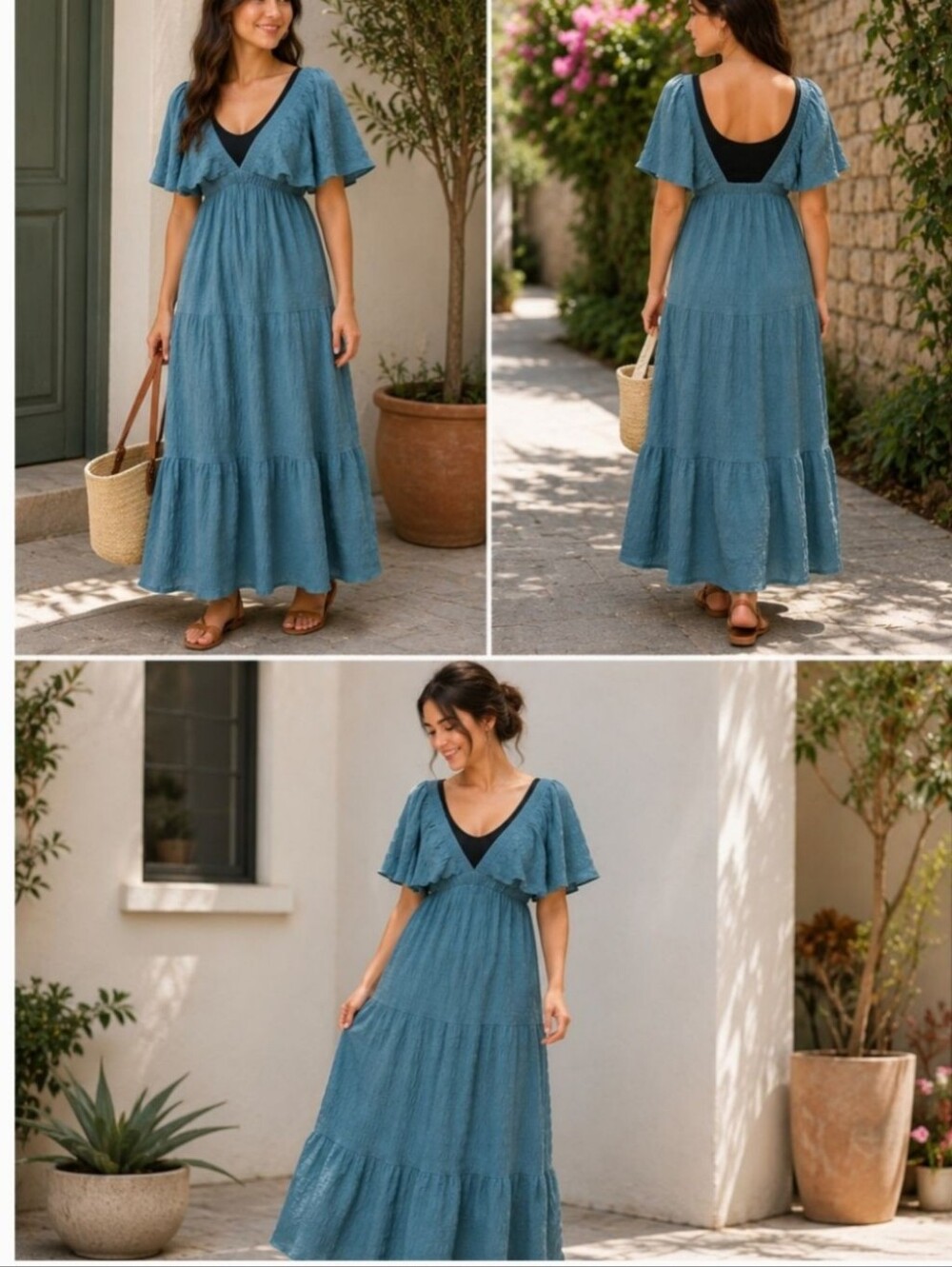 Hunter & Brown Teal Blue Flutter Sleeve Maxi Dress